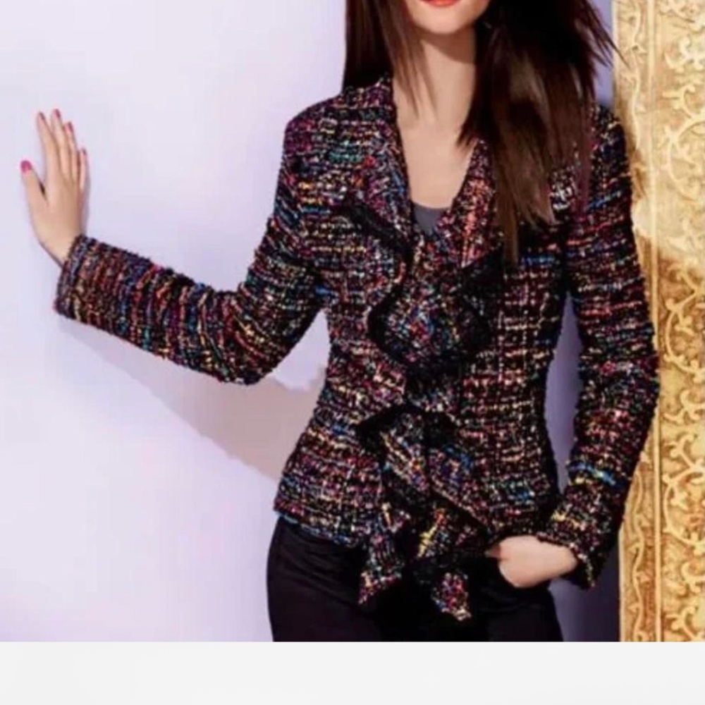 Berek Black Rainbow Ruffle Shawl Collar Tweed Harmony Jacket Blazer sz PL
